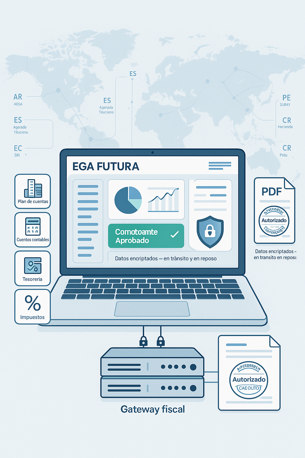 Un gateway de facturación es un conector técnico especializado, que estandariza y asegura la comunicación con los entes fiscales. De forma análoga a los gateways de pagos (como Fiserv o Stripe) que simplifican y robustecen el procesamiento de tarjetas, un gateway de facturación unifica normativas y protocolos de distintos países bajo una misma interfaz.