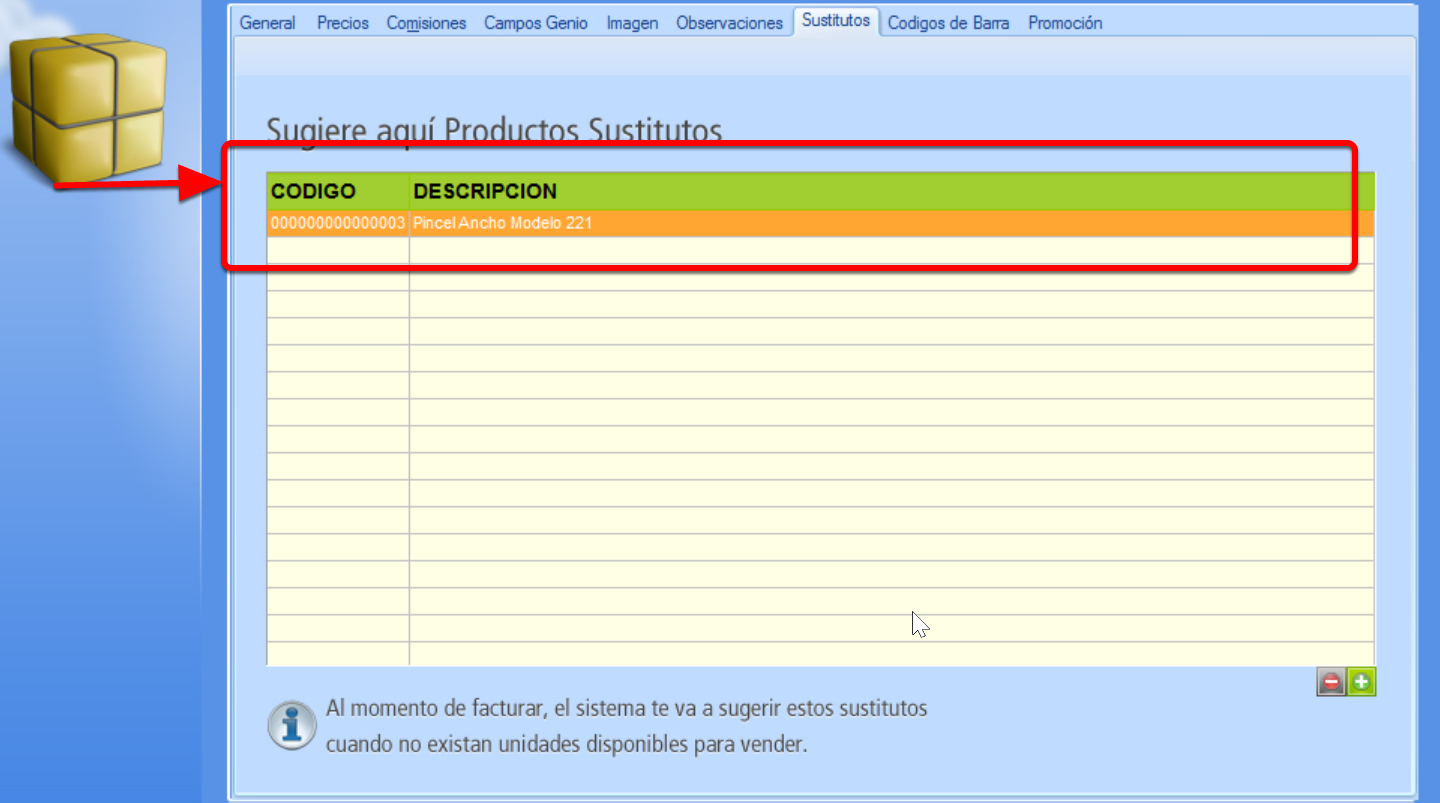 Producto sustituto agregado al registro del producto principal