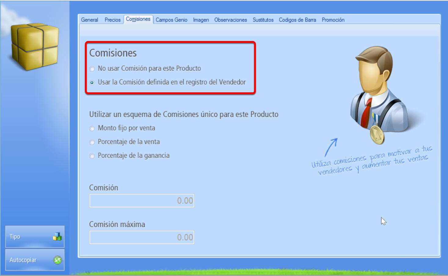Pestaña comisiones del vendedor
