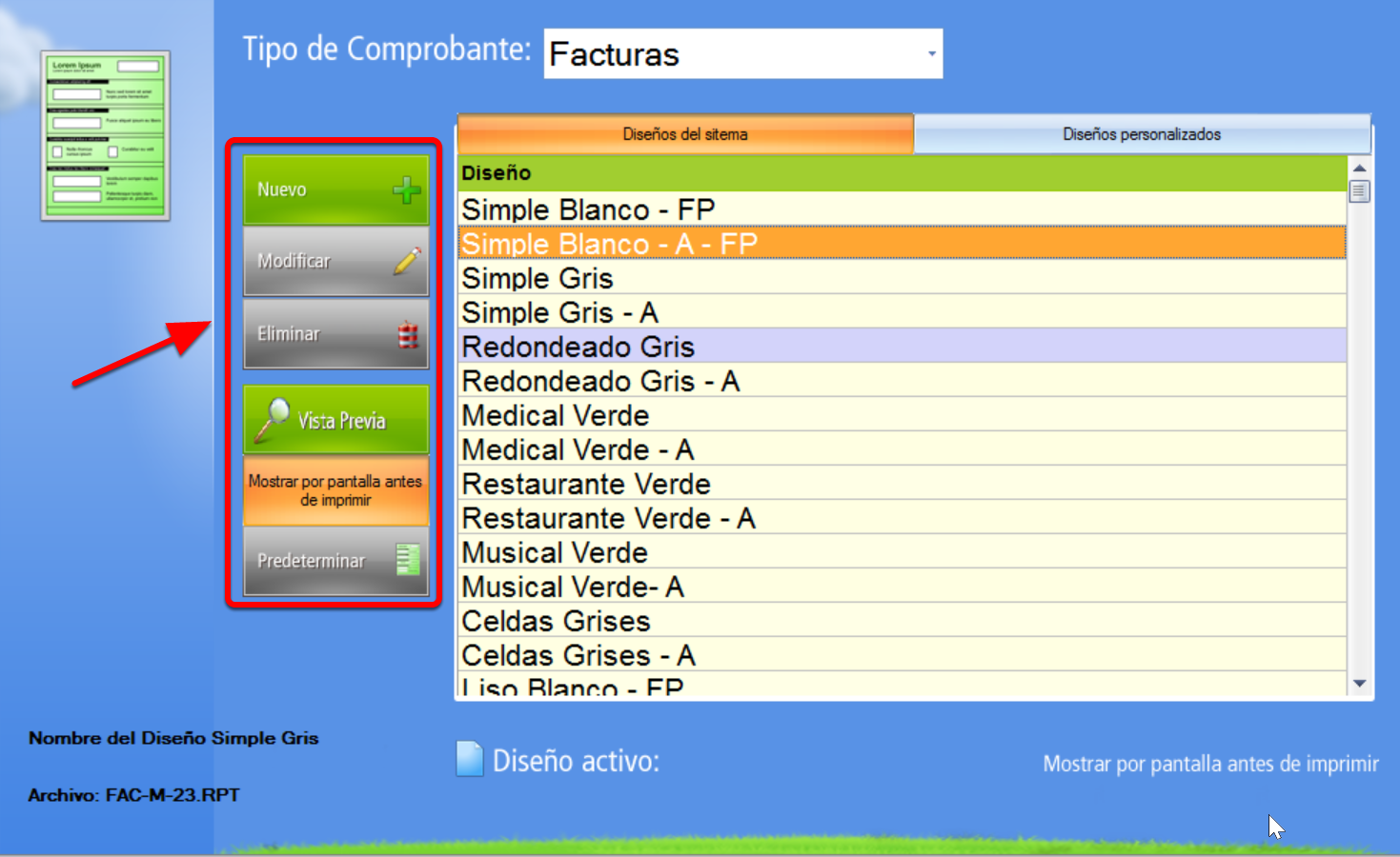Menu configuración de comprobantes