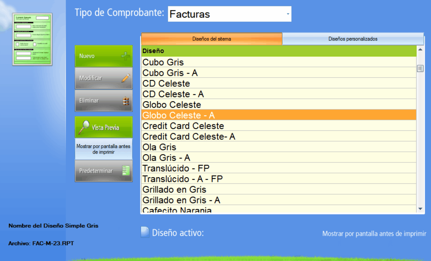 Para predeterminar un diseño basta con elegir el deseado y hacer clic en el botón predeterminar