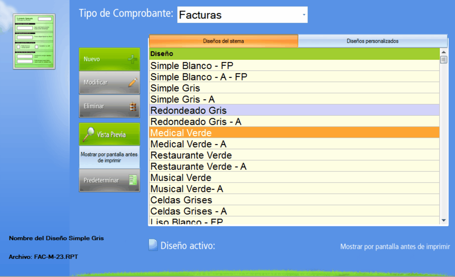 Vista previa en diseño de comprobantes