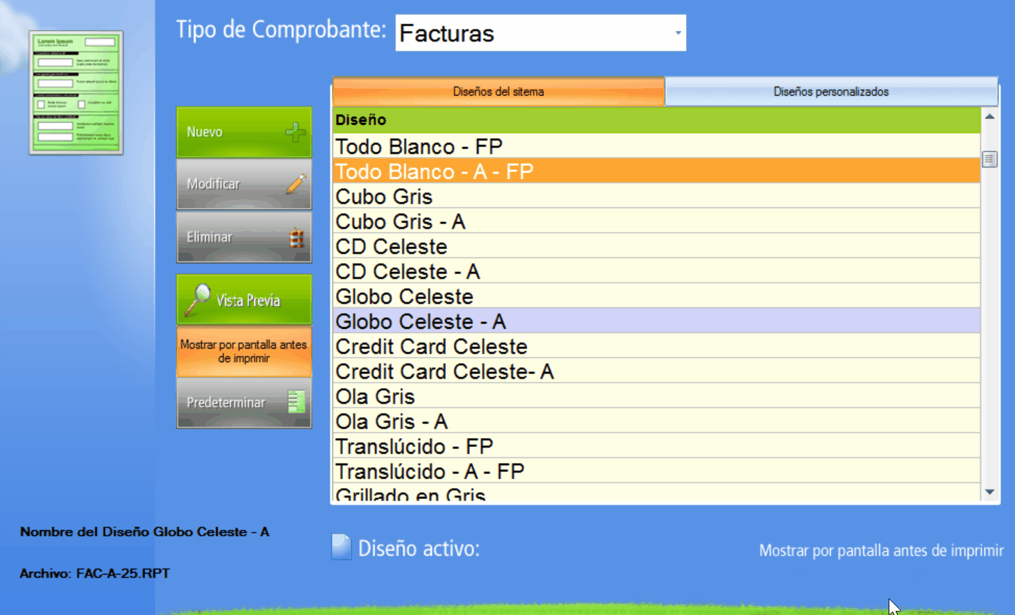 Vista previa diseño comprobantes