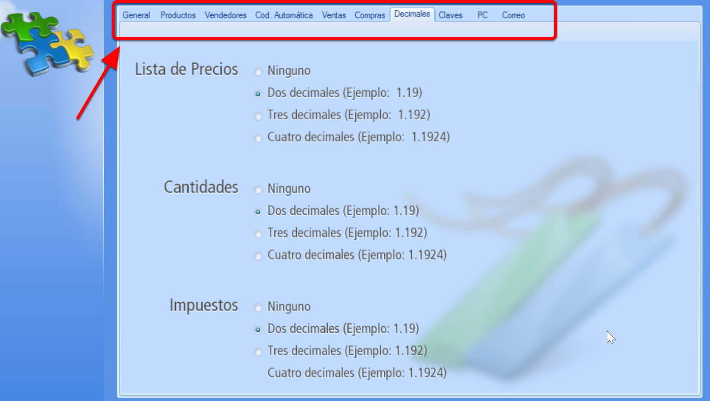 Opciones de la pestaña decimales