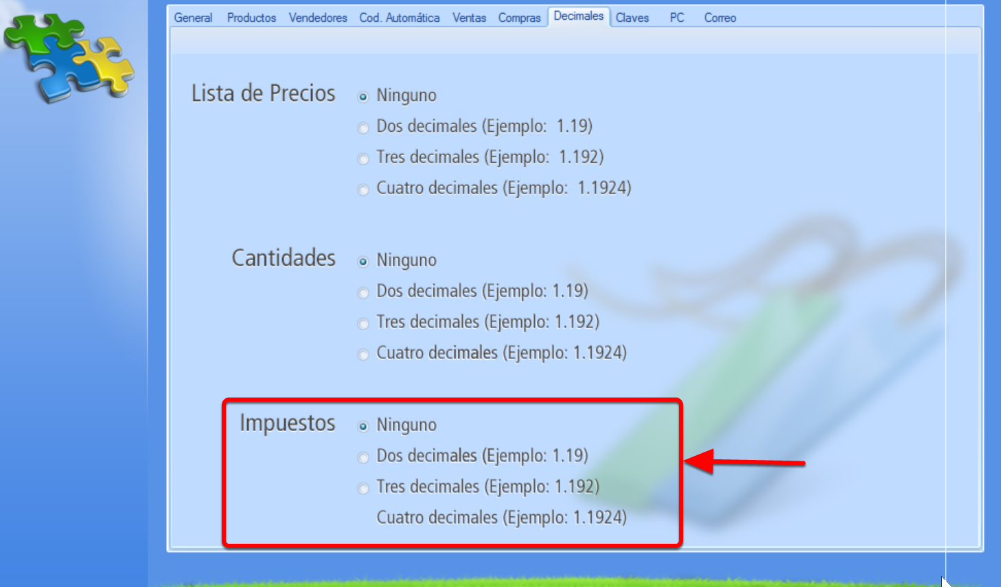 Seleccionar la cantidad de decimales para los impuestos