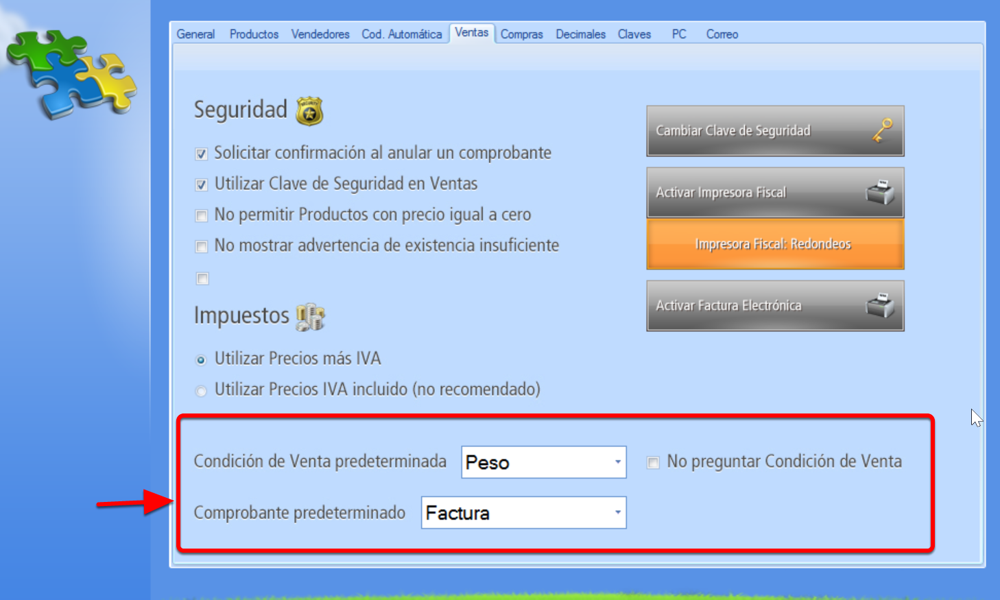 Condiciones de venta predeterminadas