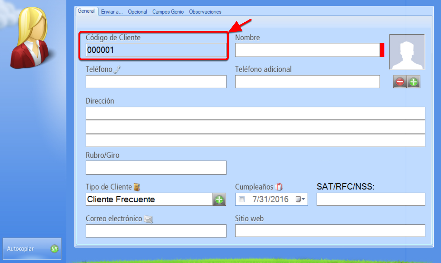 Registro de Nuevo Cliente con codificación automática - Campo código bloqueado por asignación automática de código