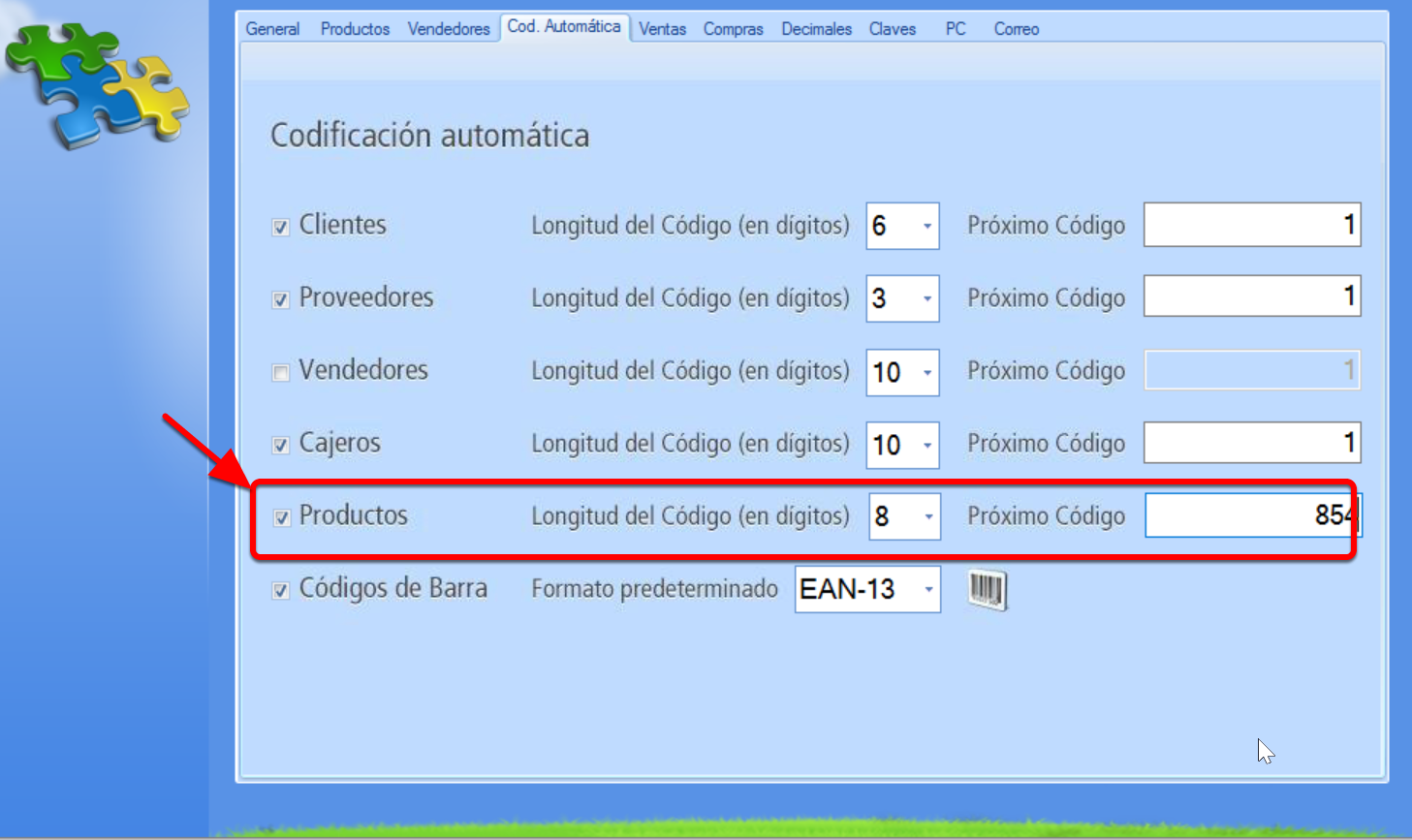Establece la codificación automática de productos