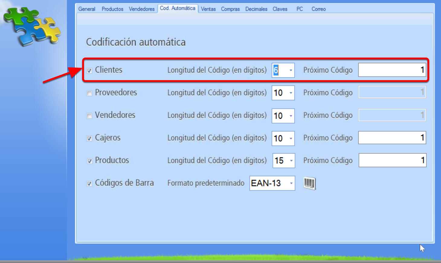 Establece la codificación automática de cliente