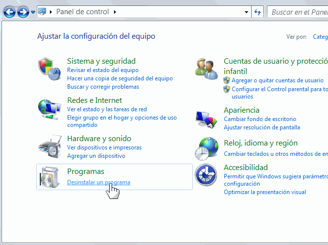 Para desinstalar el sistema empresarial hay que abrir el Panel de control de Windows, Seleccionar la opción Desinstalar un programa, Posicionarse sobre el programa StockBase POS, y hacer clic en el botón Desinstalar