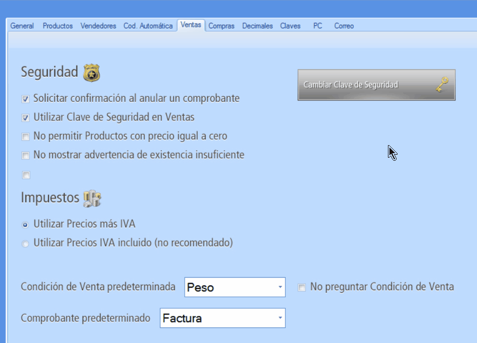 Modificar la clave de anulación en ventas