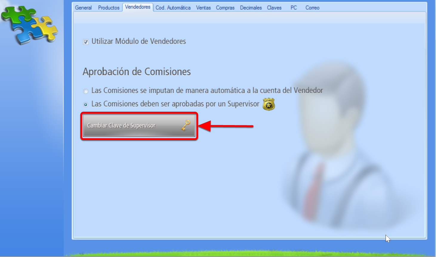 Botón para modificar Contraseña de Supervisor de Ventas habilitado