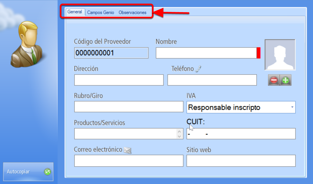 De forma predeterminada, el Registro de un Proveedor se abrirá en la pestaña General.