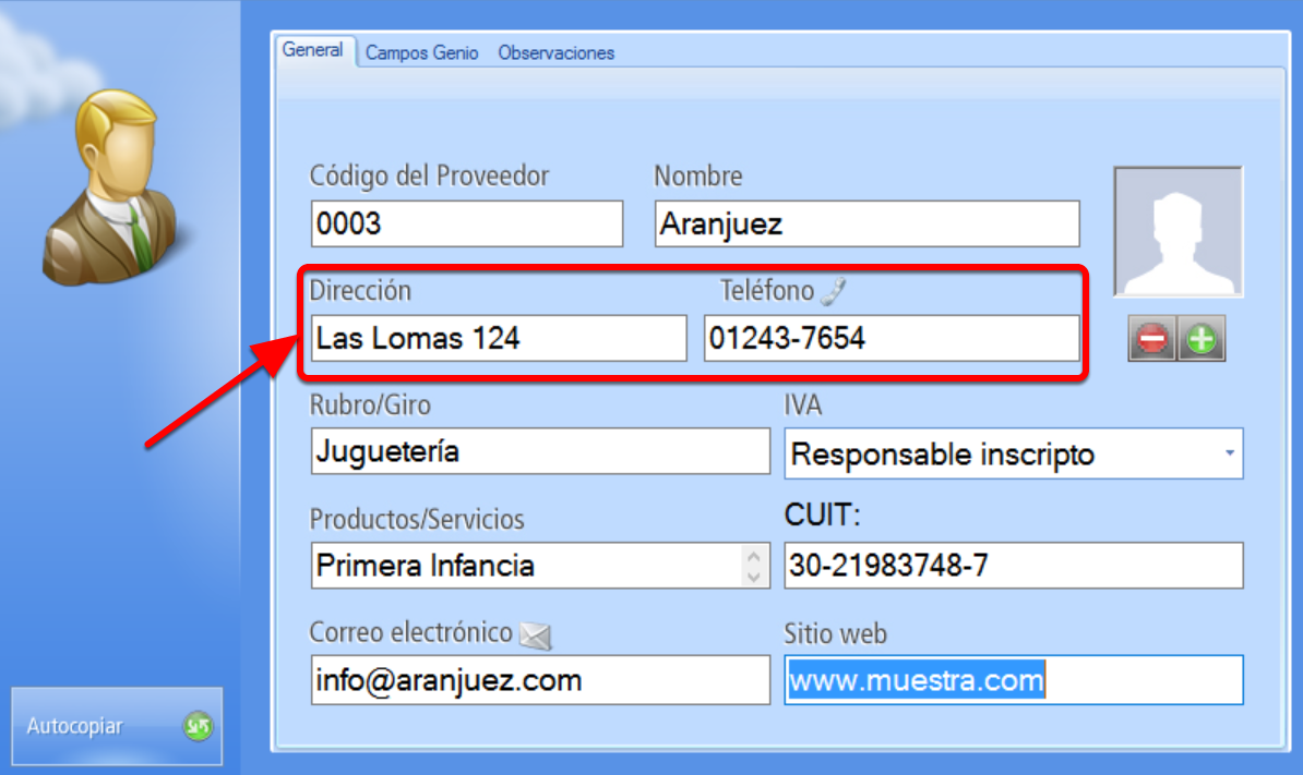 Dirección y teléfono del campo del proveedor