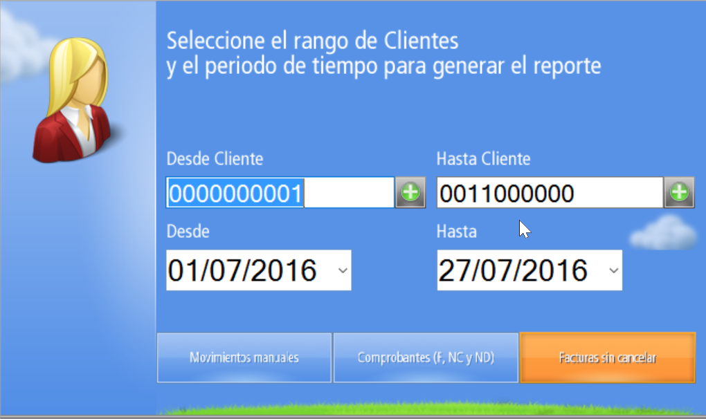 Ventana de Otros Reportes de Cuentas Corrientes de Clientes - Define los parámetros y elige el Reporte