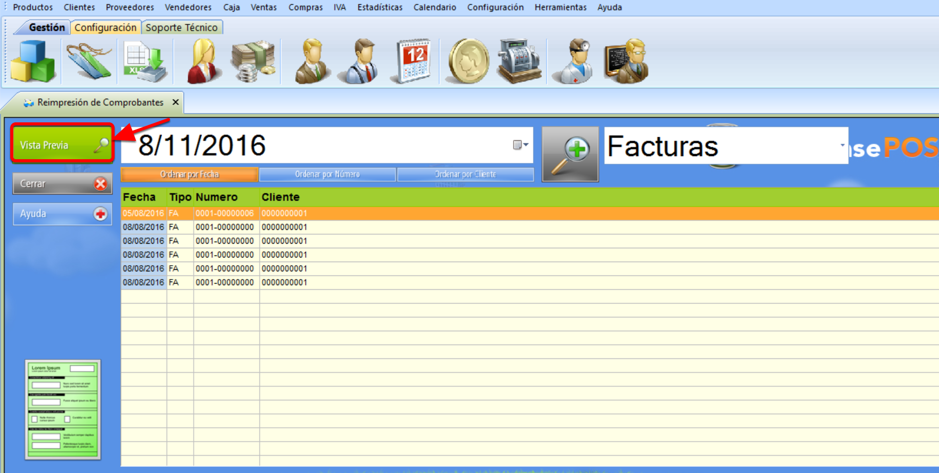 vista previa reimpresión de comprobantes