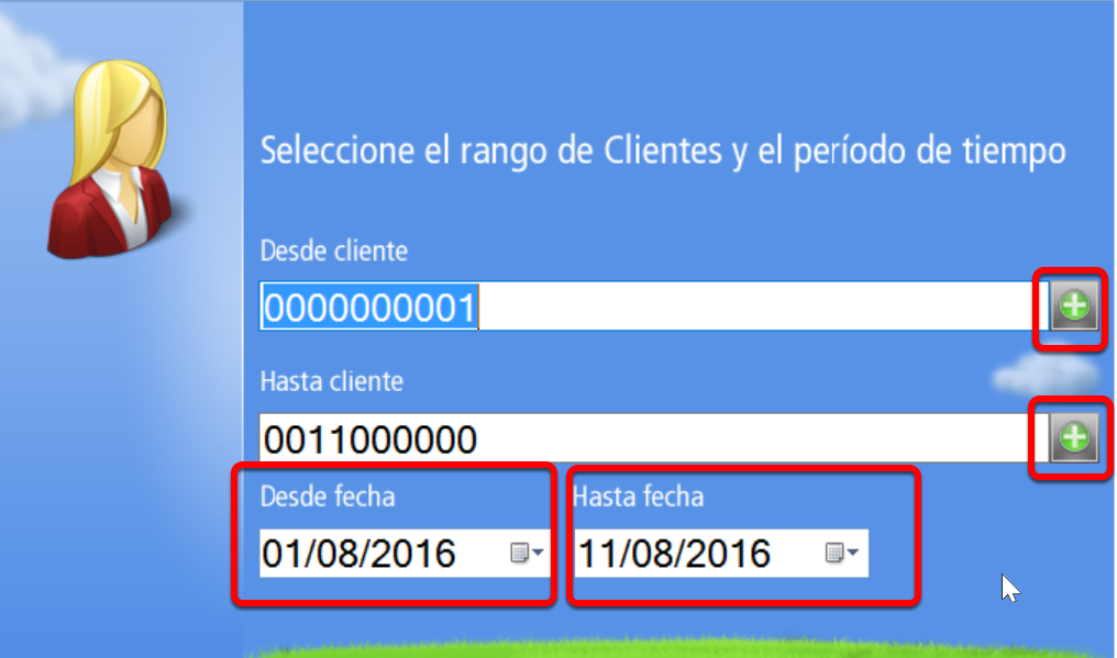 el sistema de gestión para empresas solicitará el ingreso de rango de clientes y período