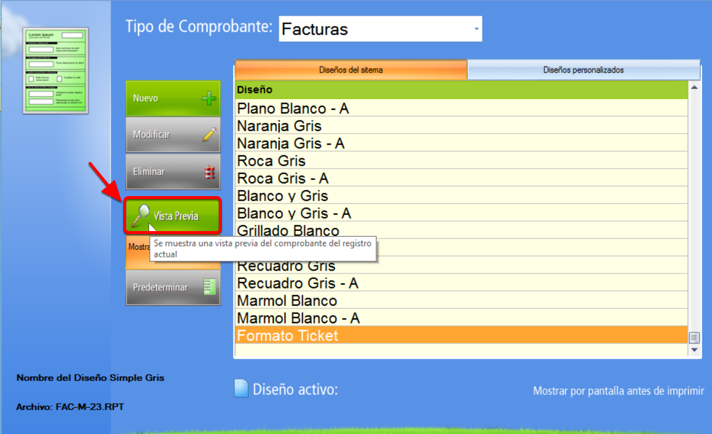 Vista previa Configuracíon de comprobantes
