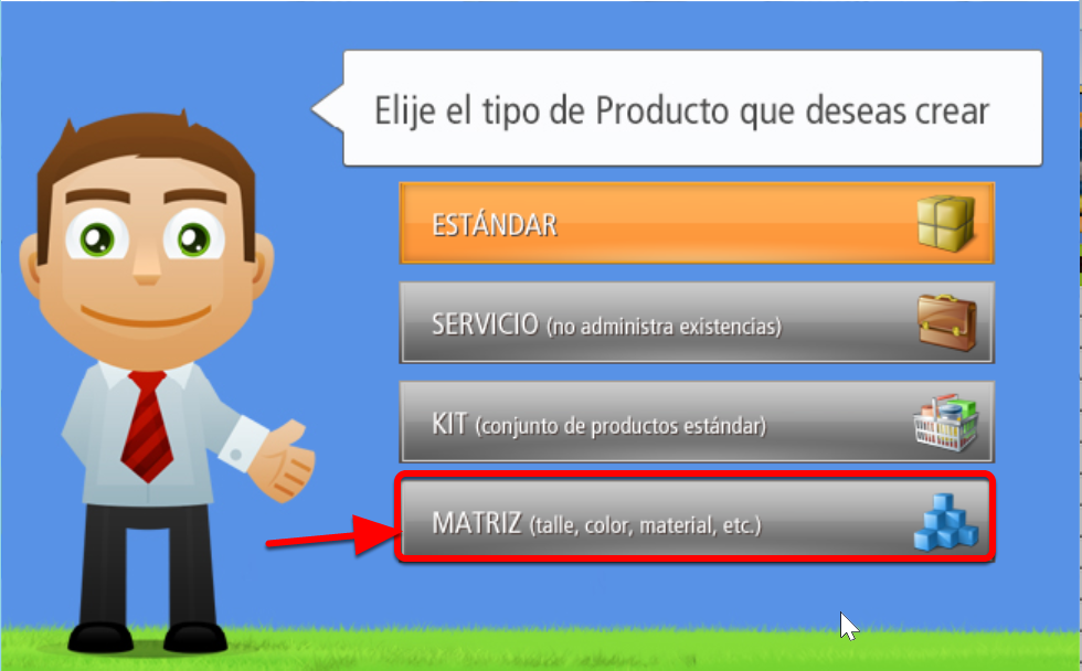 Para crear un Producto Tipo Matriz debes presionar este Botón