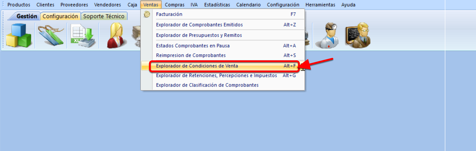 Menú explorador de condiciones de venta