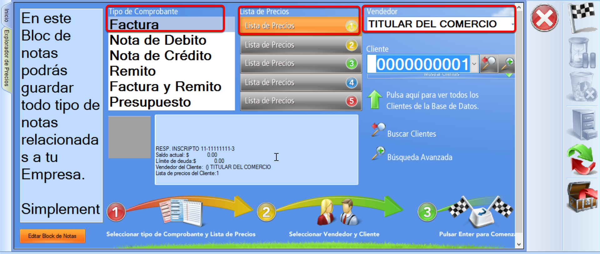Tipo de Comprobante, Lista de Precios, Vendedor y Cliente. 