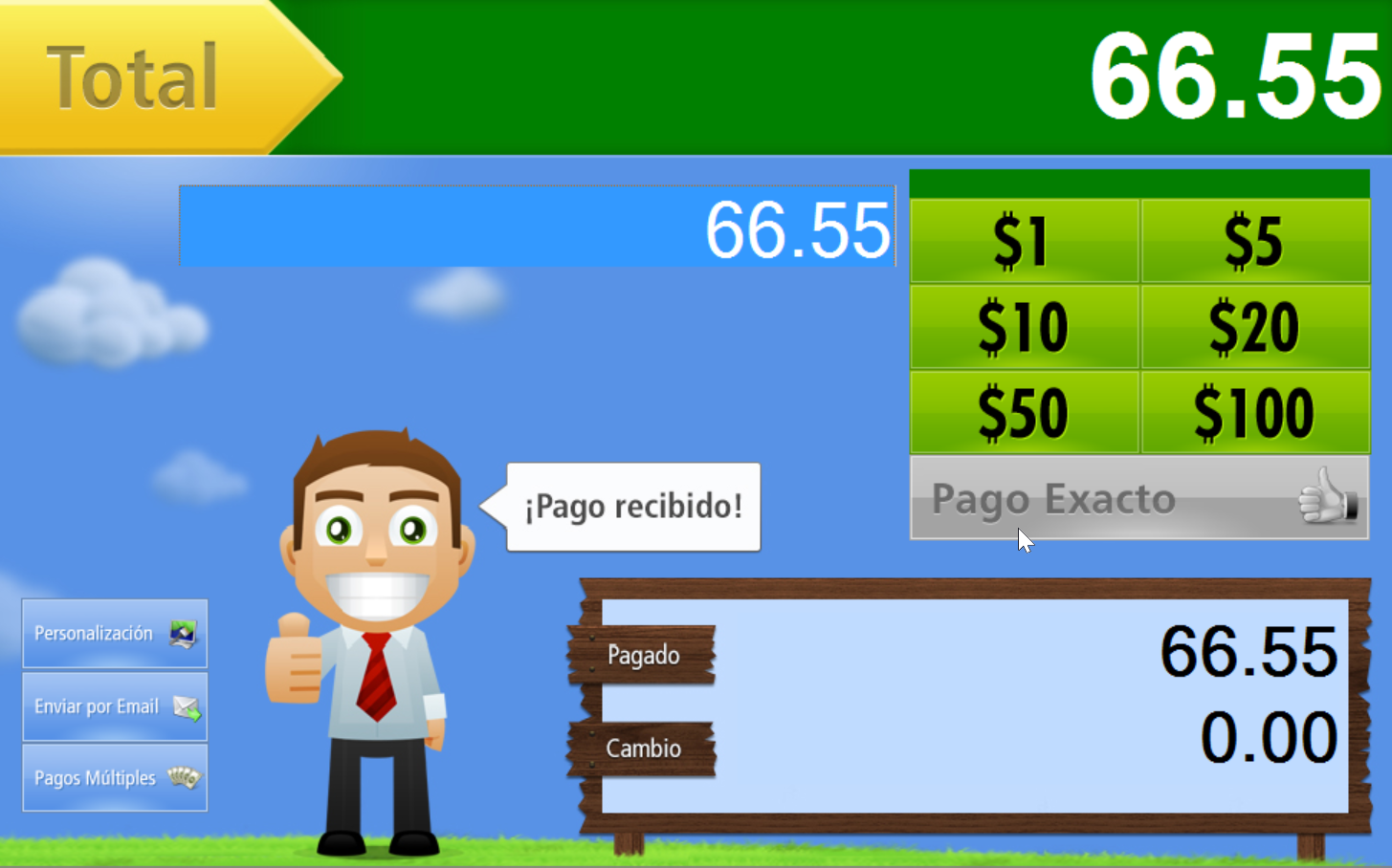 con un solo clic estarás cerrando la factura asumiendo que tu cliente te entrega el importe exacto para cancelar el comprobante de venta.
