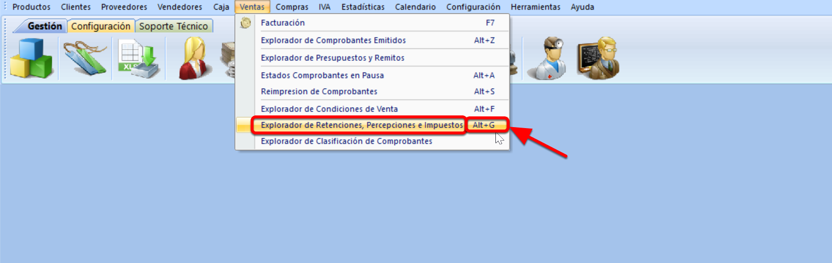 el sistema de gestión para pymes te permite acceder al explorador de retenciones, percepciones e impuestos mediante la combinación de teclas <ALT+G>: