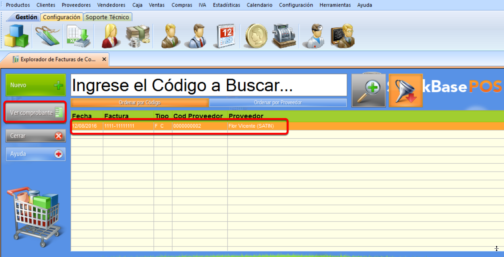 finalmente, puedes ver el explorador de compras, con la factura ingresada y el impuesto seleccionado