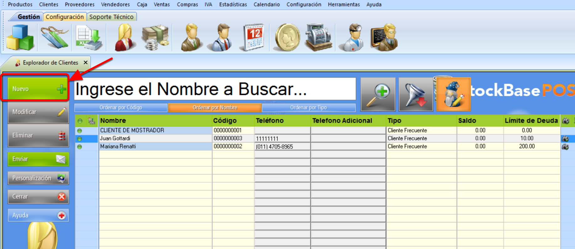Para crear un Nuevo Cliente hay que presionar el botón: "Nuevo"