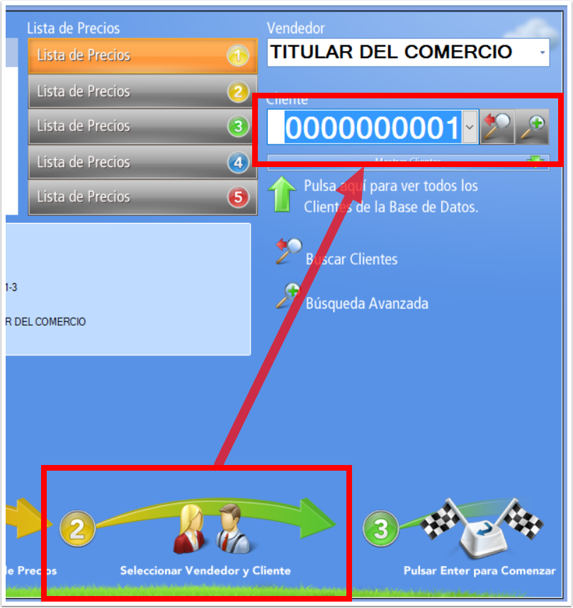 2) Seleccionar Vendedor y Cliente
