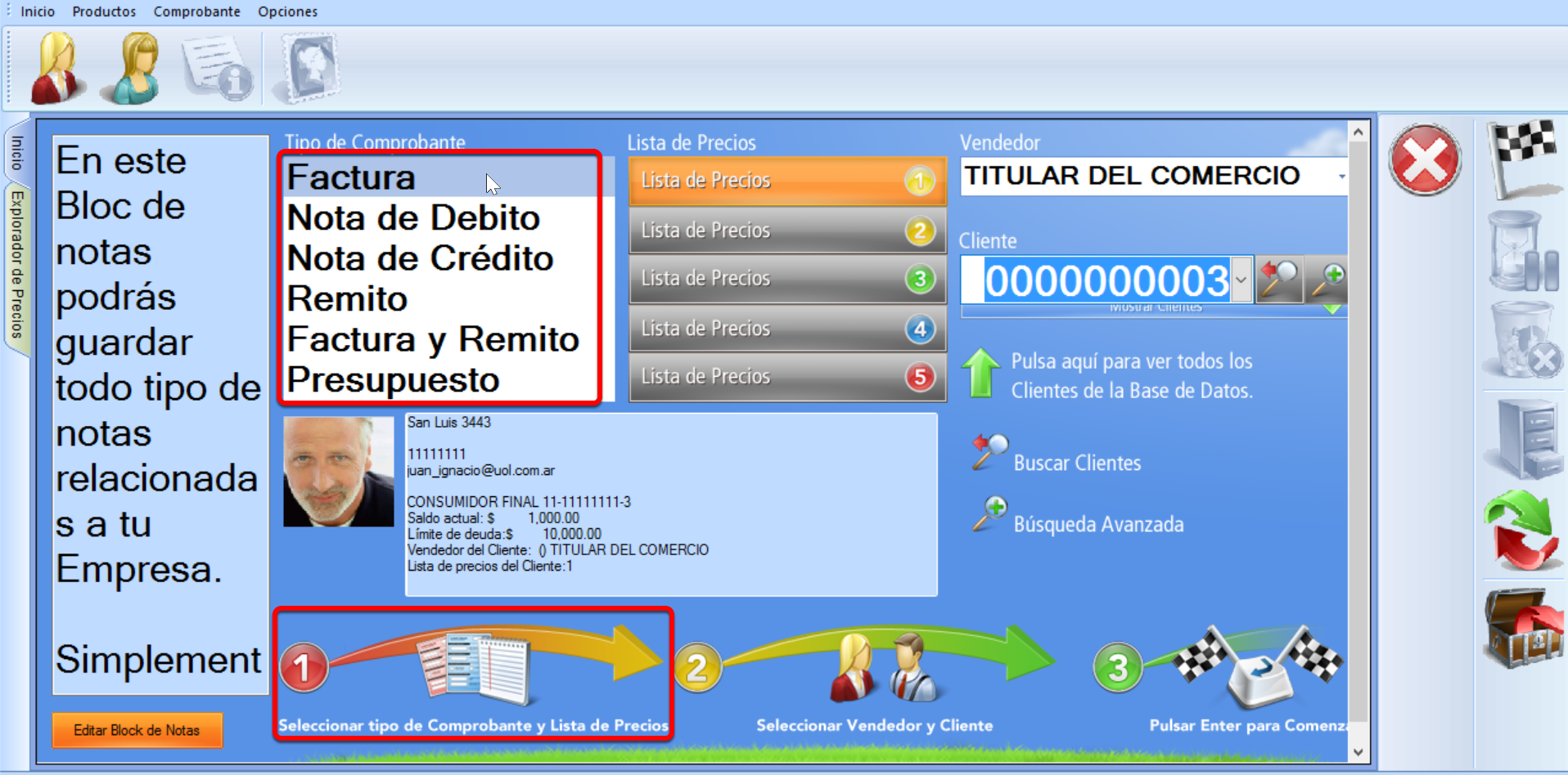 Paso 1: Seleccionar Tipo de Comprobante y Lista de Precios