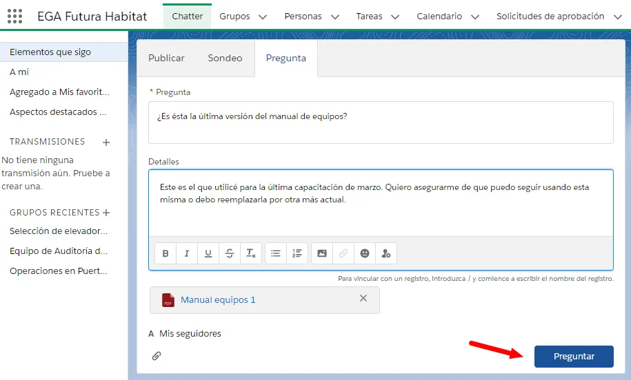 Pregunta en Chatter con archivos adjuntos