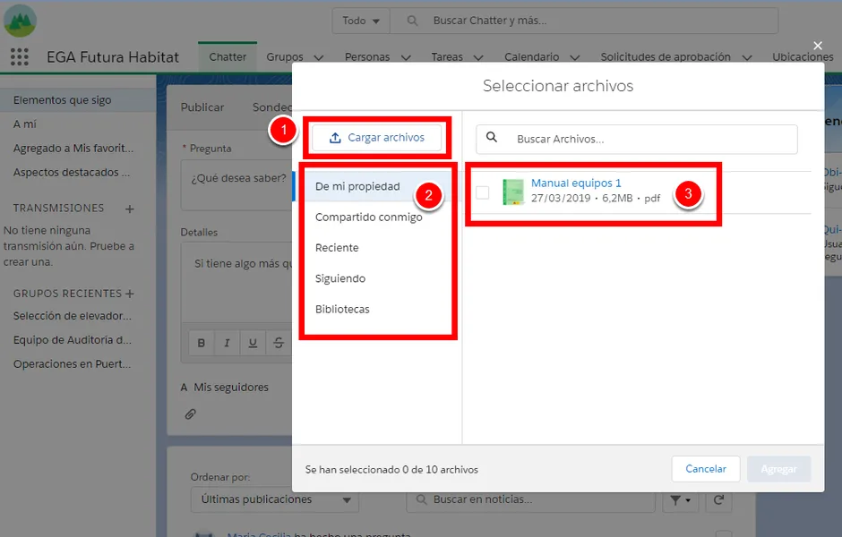 Origen de los archivos para subir en Chatter