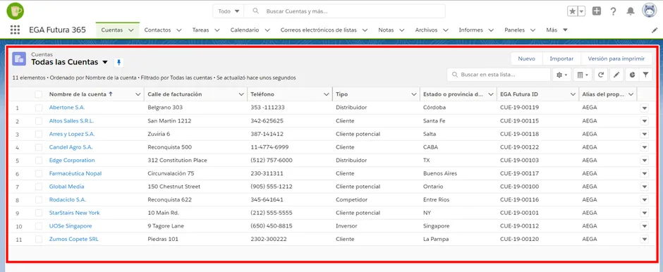 Vista de lista objeto cuentas EGA Futura ERP nube
