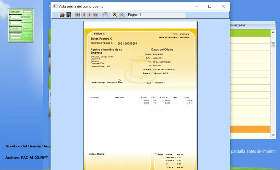 Vista previa en diseño de comprobantes