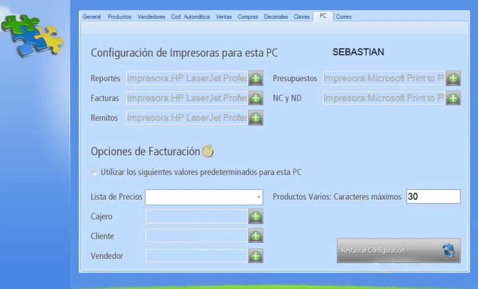 Resetear valores predeterminados de facturación presionando el botón