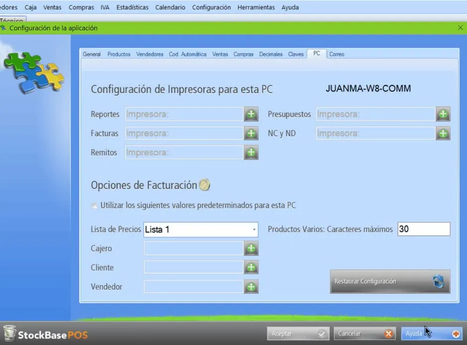 Configuración > Configuración de la aplicación en la pestaña PC