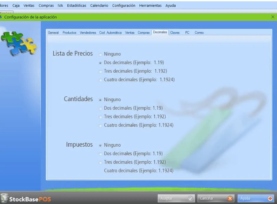 App menú Configuración > Configuración de la aplicación, pestaña Decimales