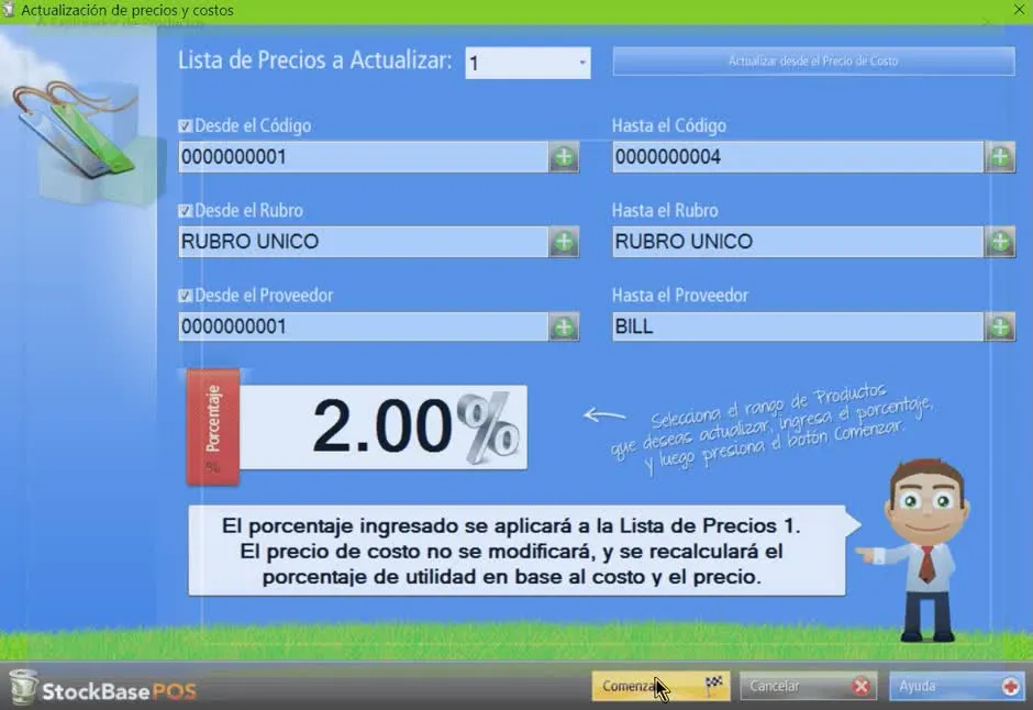 Cuando hayas elegido el primer producto del rango presiona el botón seleccionar, luego elige el último producto del rango y presióna nuevamente este botón