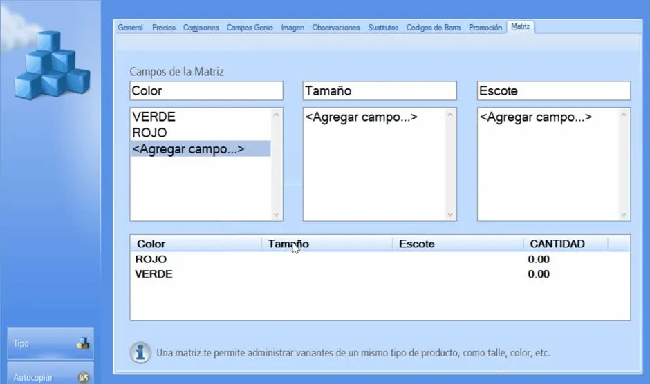 Agregar las variantes de cada campo de la matriz