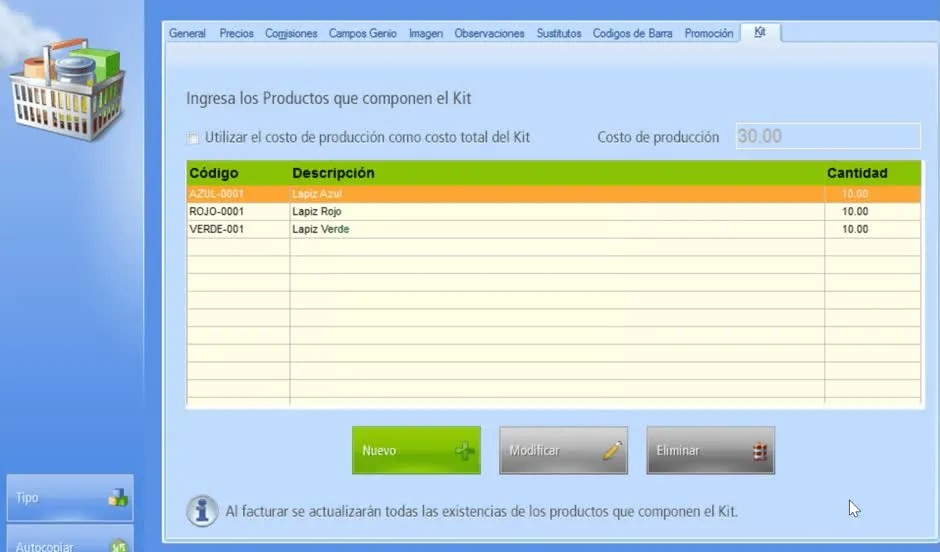 Ventana para modificar la cantidad de cada producto que integra el Kit