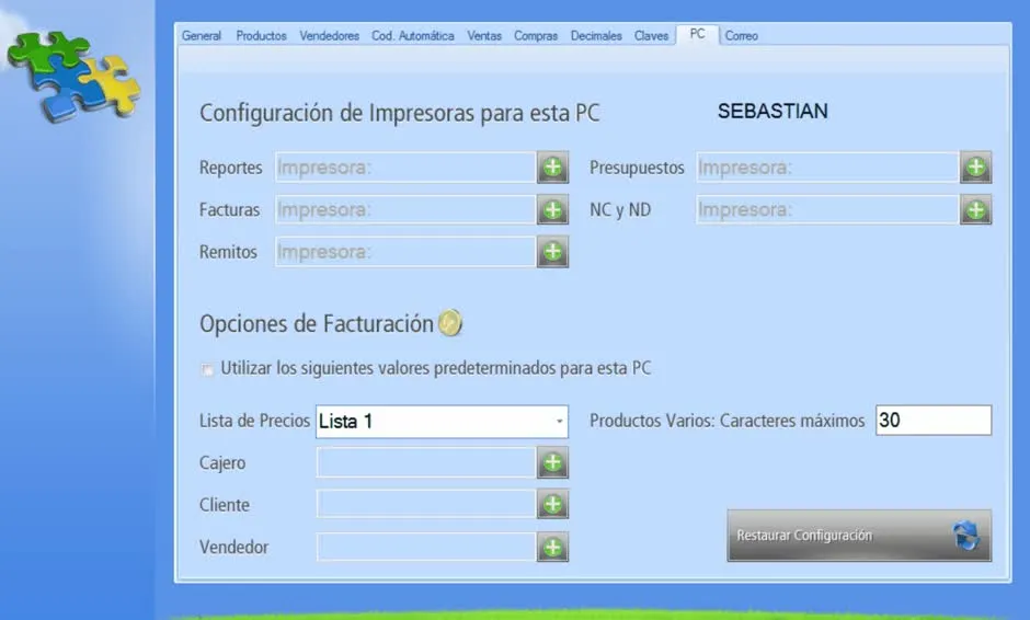 Elegir impresora para cada comprobante y reportes. También puede ser una impresora de PDF