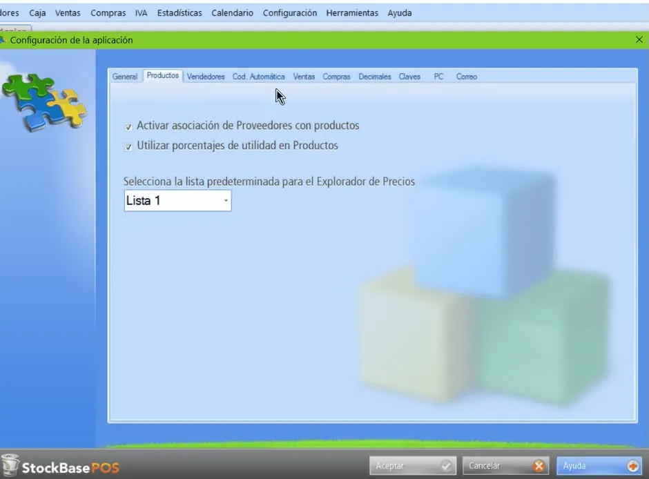 Menú configuración> configuración de la aplicación, pestaña productos