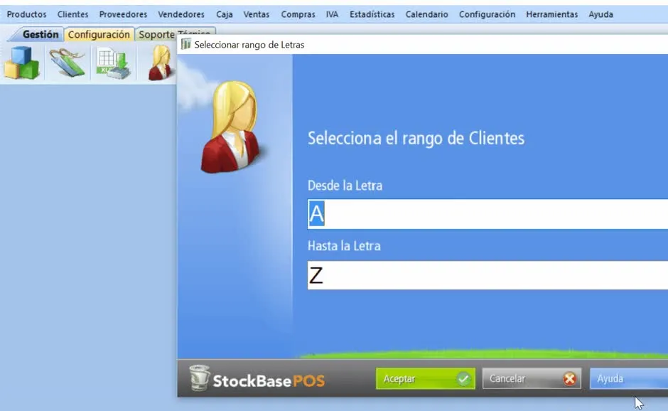 Ventana de selección de rango de información incluida en el reporte
