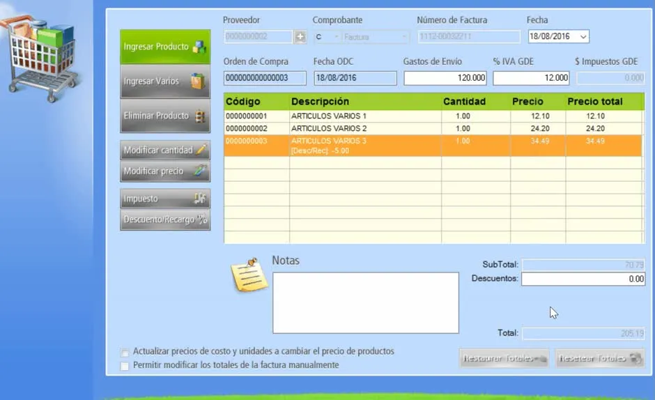 Descuento o recargo en factura de compra