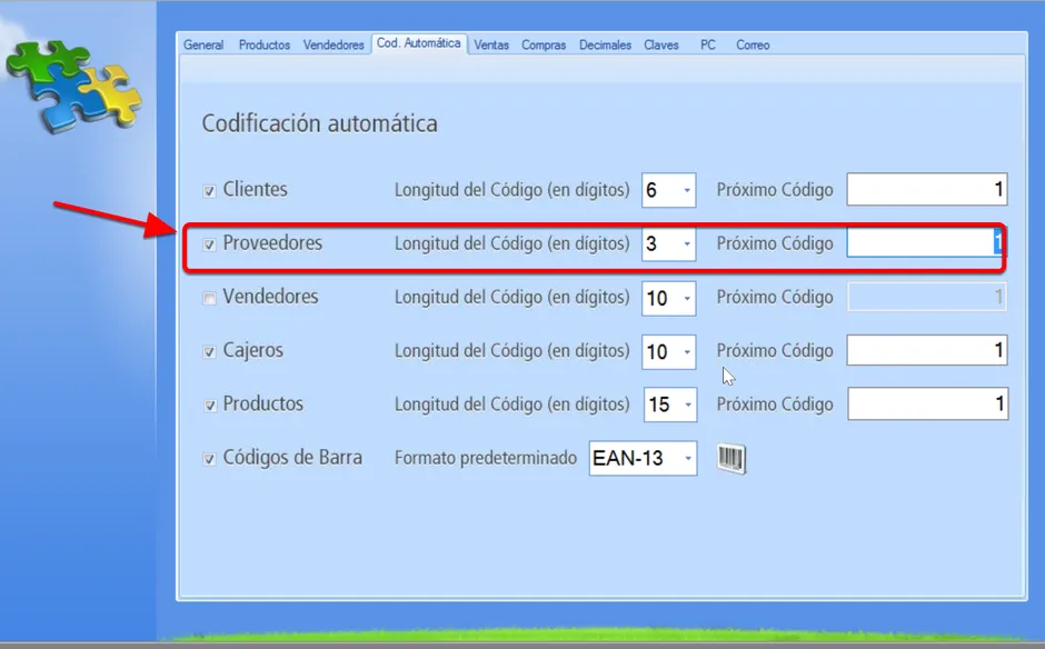 Establece la codificación automática de proveedores