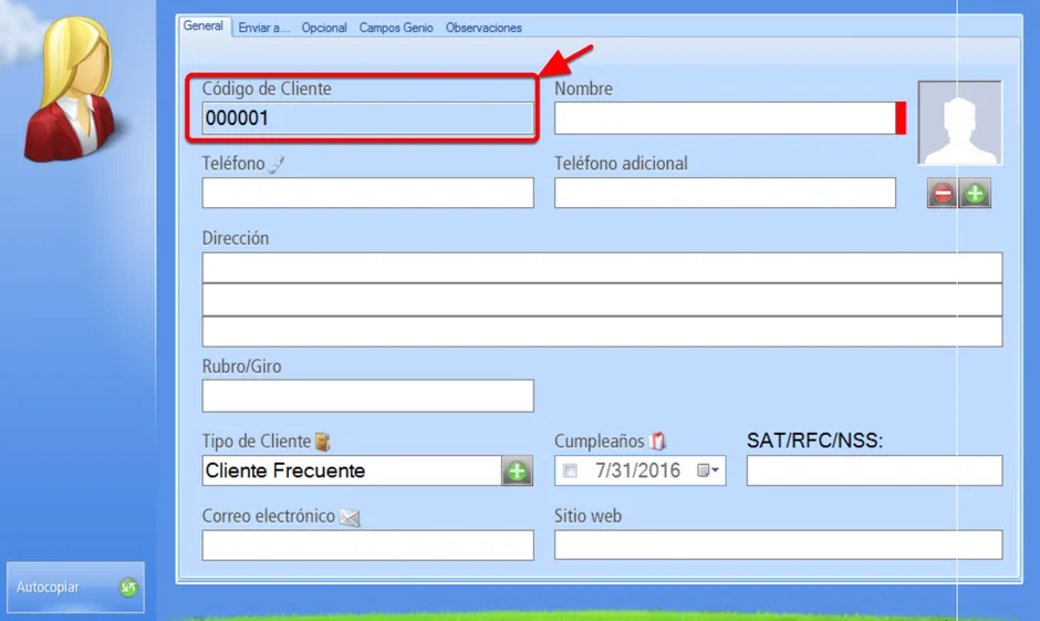 Registro de Nuevo Cliente con codificación automática - Campo código bloqueado por asignación automática de código