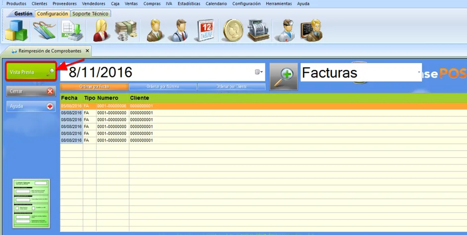 vista previa reimpresión de comprobantes