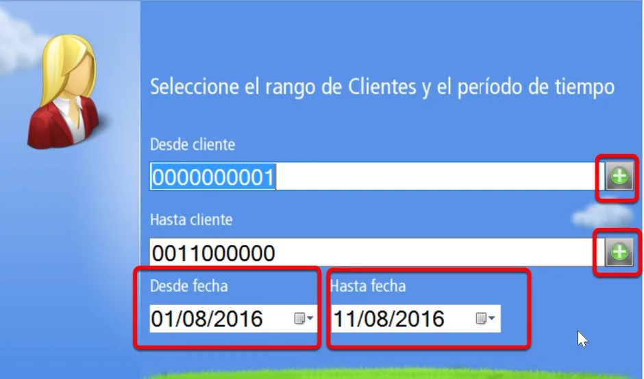 el sistema de gestión para empresas solicitará el ingreso de rango de clientes y período