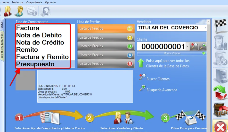 En la pantalla inicial del módulo de facturación podrás elegir el comprobante deseado